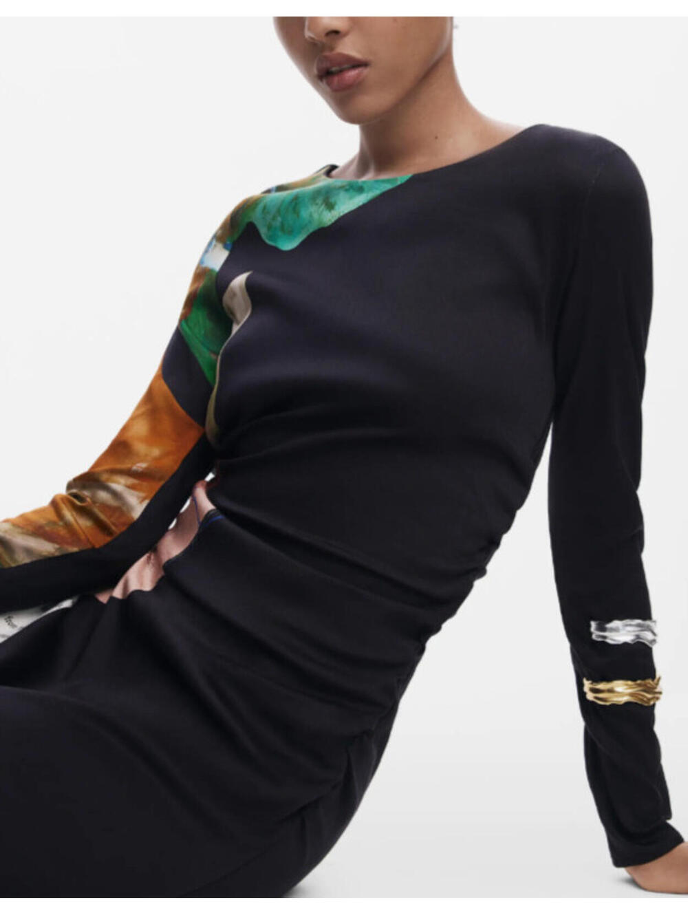 NEW, Desigual Mix Print Long Sleeve Midi Dress in Black Sz S #MD1697 - Picture 4 of 8